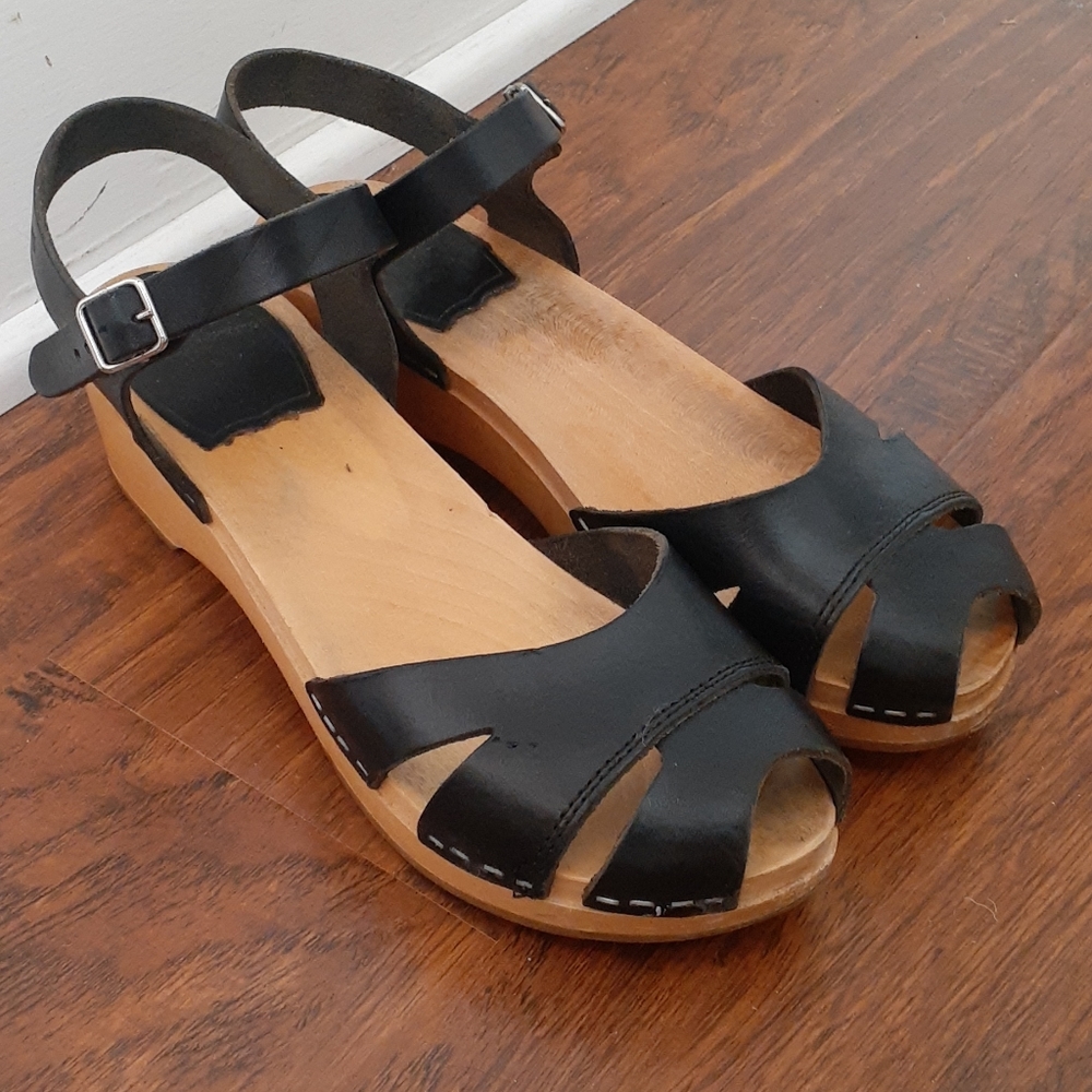 Swedish Hasbeens Black Leather Open-Toe Clog Sandals